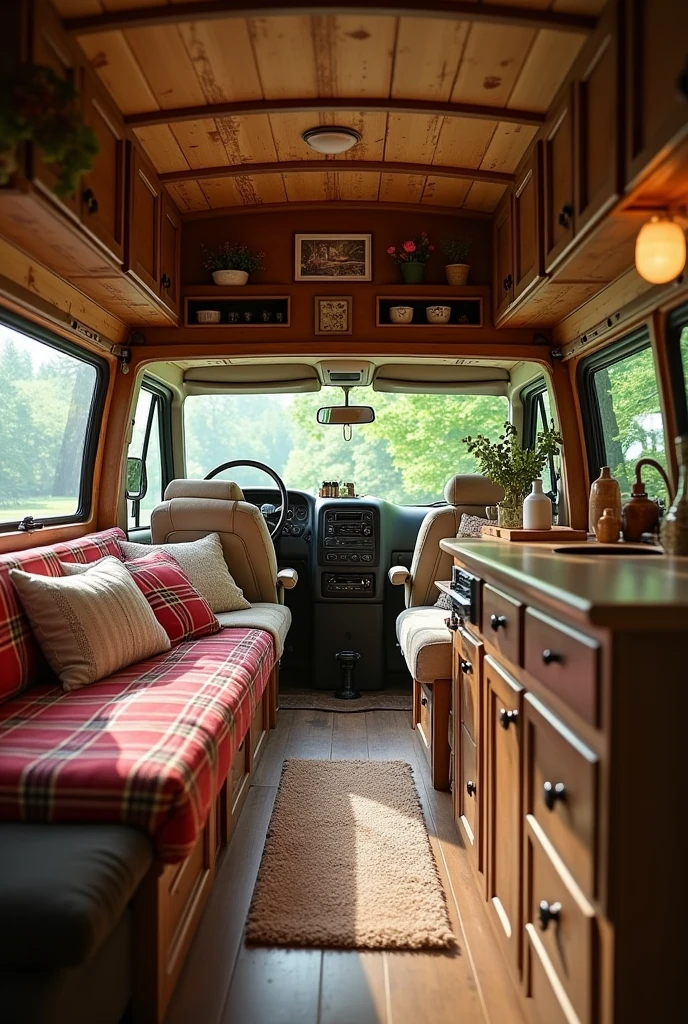 Interior of a country-style overcab camper van