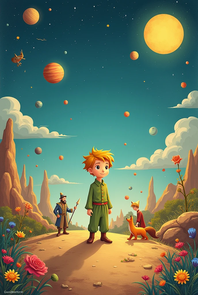 Create a theater poster for the play The Little Prince along with its planets and characters