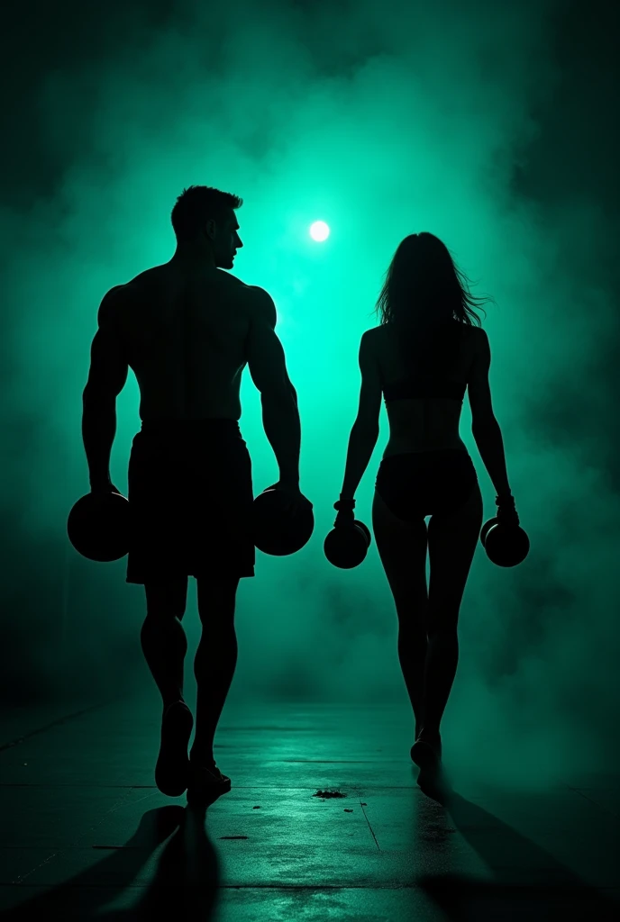 Create a silhouette image of a Spartan man and woman carrying exercise equipment and posing for a Gym cover with a dark background with turquoise or fluorescent green 
