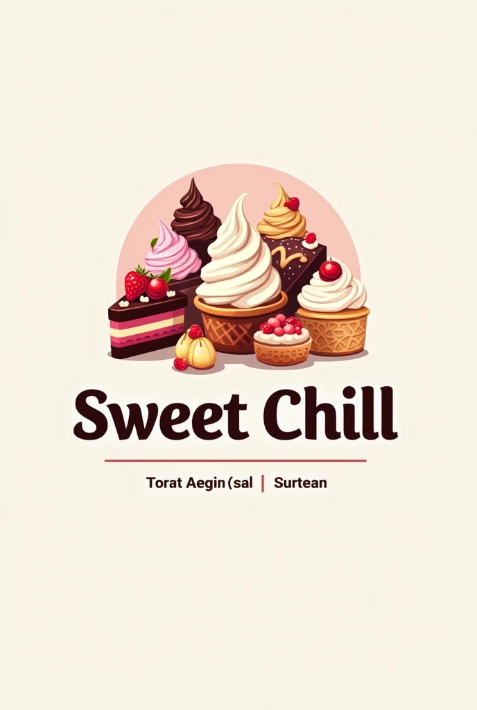 logo of a professional frozen and regular sweets company, that has lots of sweets and the name sweet chill highlighted, not so flashy , but not so simple , that attracts the attention of adults and children








