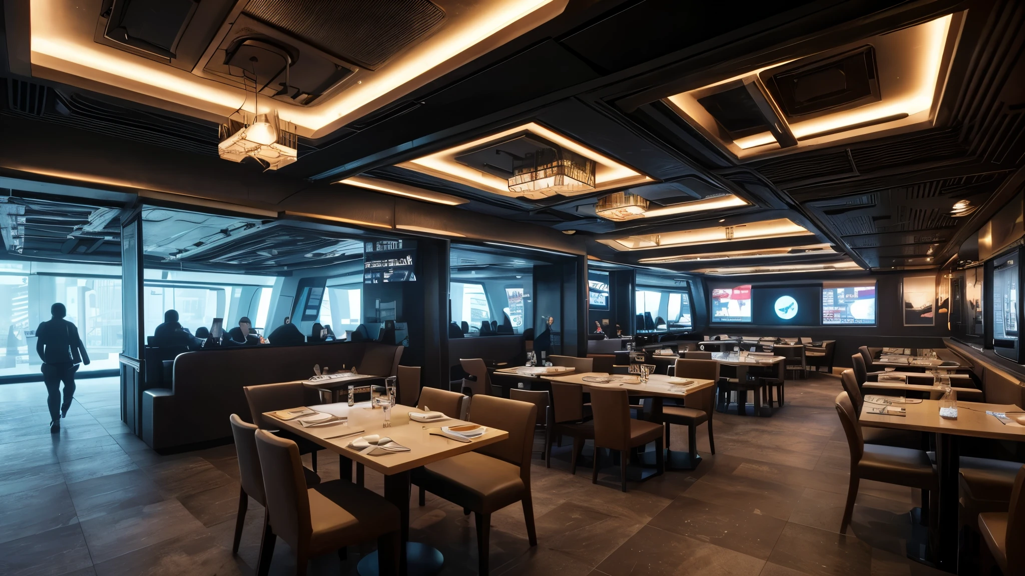 scifi, futuristic restaurant, architectual, space design, cyberpunk, futuristic, hightech, hard-surface design, daylight, much tech, much electronic, very cozy, ambient light, realistic view, wide angle, year 2124