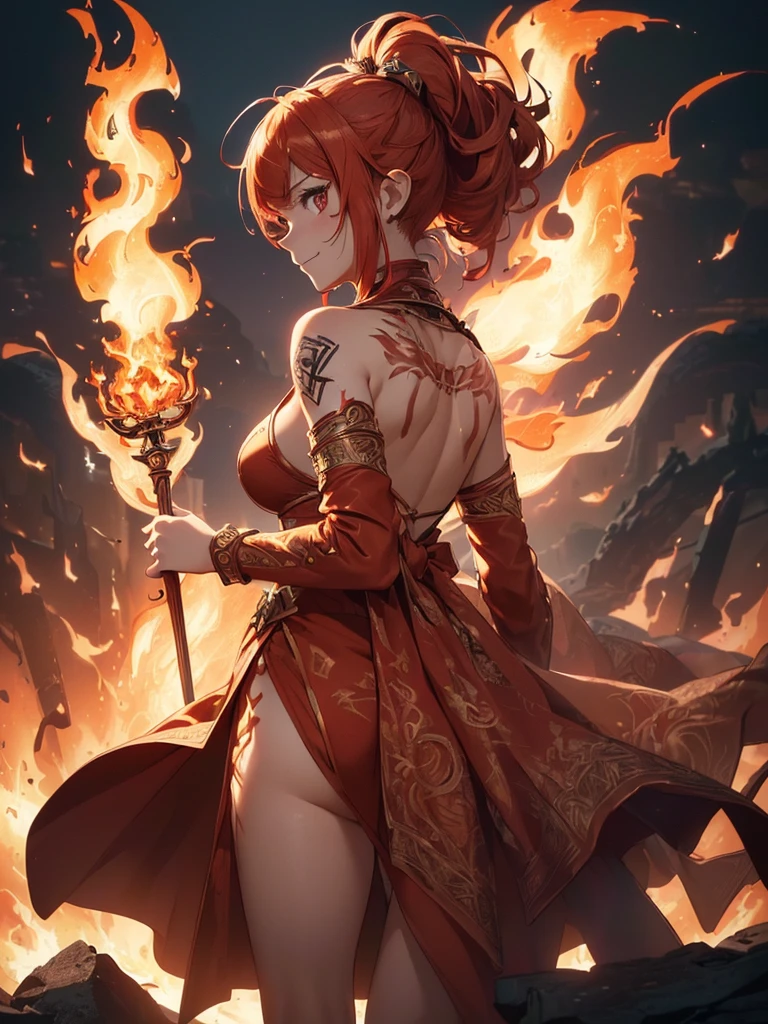 (((best quality, sharp image, clear image, cinematic lighting, 8k resolution, masterpiece, ultra detailed, intricate))) Girl, ((shot from behind)), ((zoom in)), fire mage, ((intricate background)), ((chaotic background)), red hair, smiling, ((flame runes, flame sigils)), (tatoo on back), slim figure, flying sigils, long dress, cute