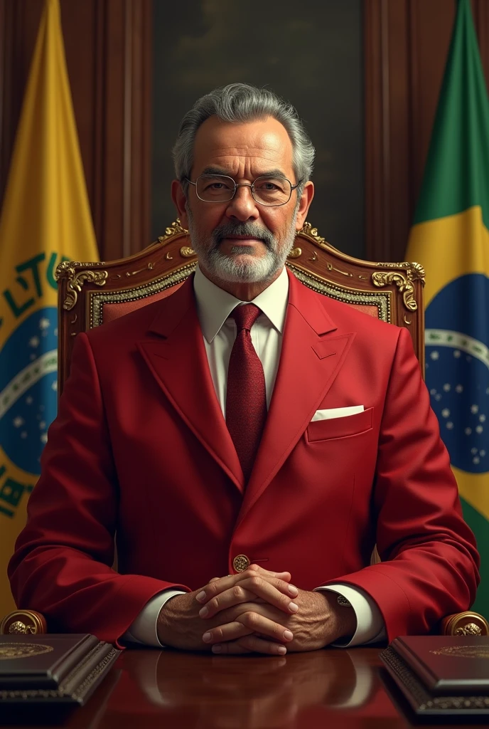 Create a realistic image of a figure representing the President of Brazil, Luiz Inácio Lula da Silva, in red attire, assuming a position of power. Show him in a formal setting, such as an official ceremony or behind a grand desk, exuding authority and leadership. He should be dressed in distinctive red clothing, symbolizing his political affiliation, with a confident and commanding expression. Include elements like the Brazilian flag, official documents, and opulent surroundings to emphasize the gravity and significance of his role. Use rich colors and sophisticated lighting to highlight the formal and powerful atmosphere.