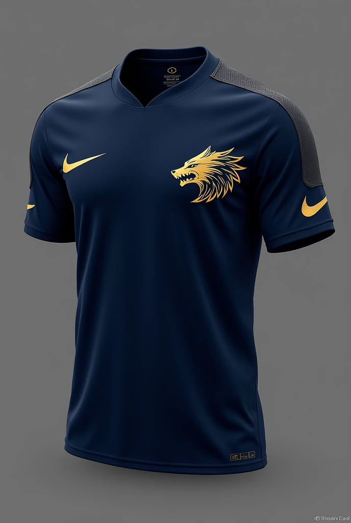 I need a shirt for the interclass with the color navy blue and gold, where it is in the corner of the shirt in the front, not in the middle a navy blue and gold wolf. This shirt must have sponsorship from Eraldo Lanches and Nike in gold 
