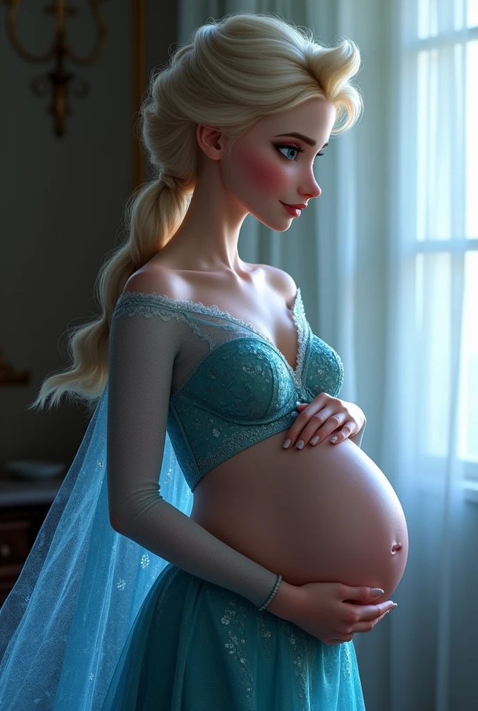 A stunning profile portrait of Elsa from frozen , Elsa is pregnant, holding her belly, young and beautiful, hyper realistic, real portrait, backlit, exquisite features, cleavage, sexy, seductive, window, natural light, soft light, romantic