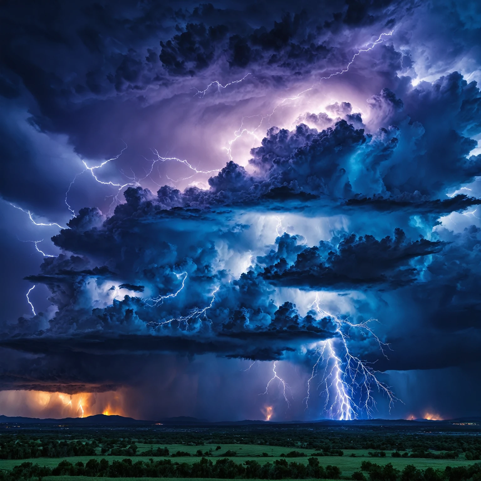 Dark storm clouds, blue lightning, blue fire, background.