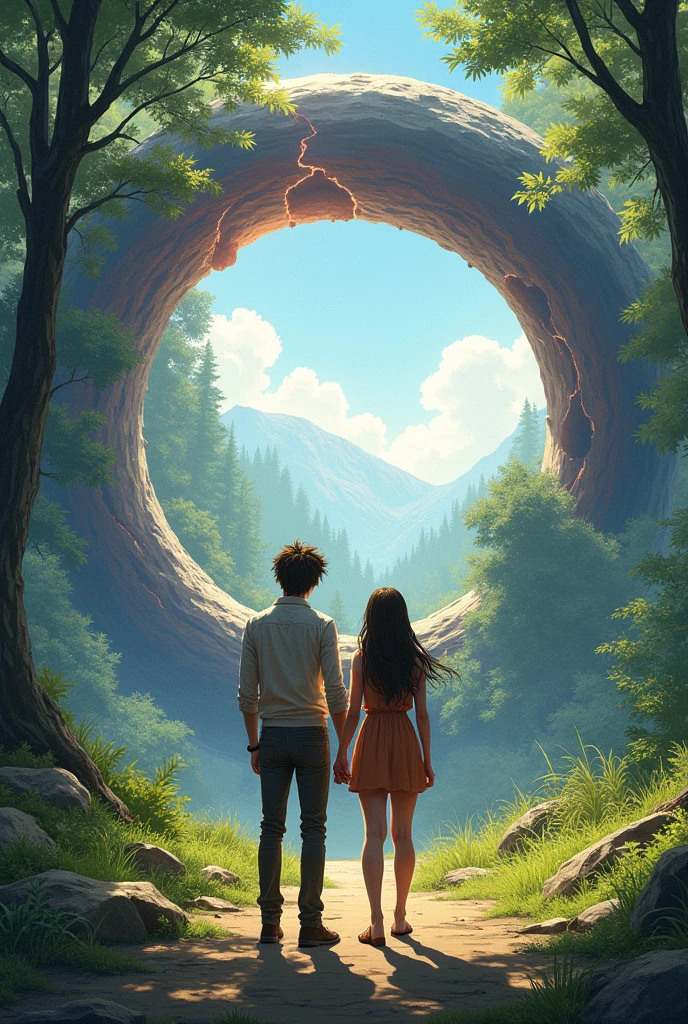 Style dessin
Journée ensoleillée,
Un homme et une femme aux cheveux longs, d'une vingtaine d'années se trouvant au millieu d'une clairière entourée d'arbres, de dos se tenant par la main, en tenue post apocalyptique traversent ensemble un vortex interdimensionnel circulaire de leur taille, à la circonférence crépitante teinté de mauve situé à quelques mètres d'eux, au travers duquel on aperçoit une vallée luxuriante
