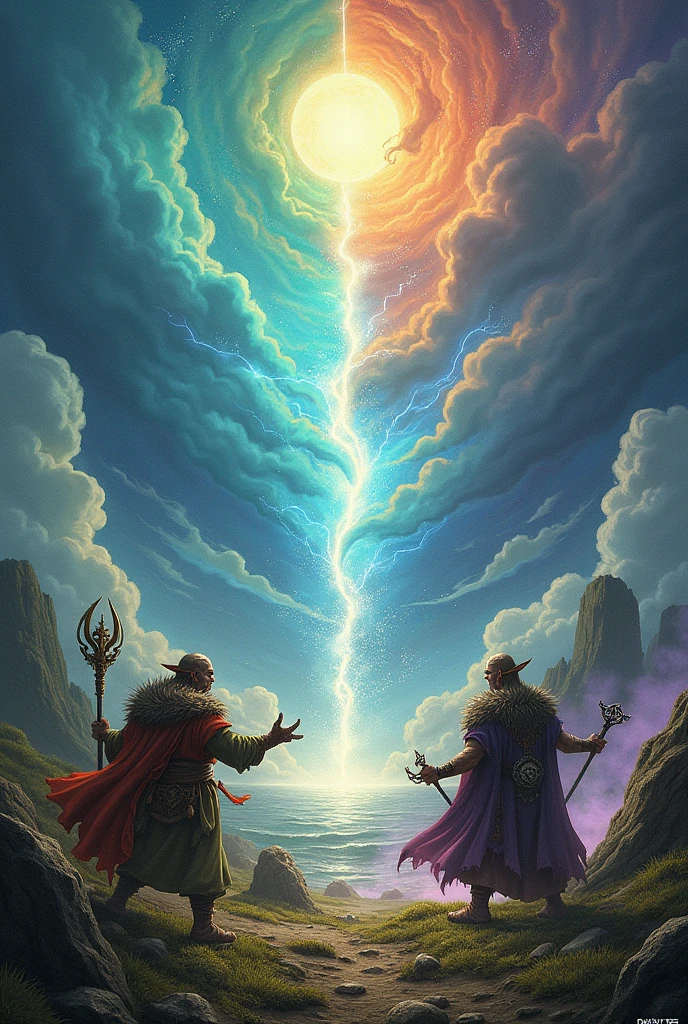 The CD cover illustrates an epic and mystical battle between the elements of earth and air., with the presence of magical beings that intensify the conflict.
Scenario: The background can be a divided landscape, where on one side there is solid land, rich in vegetation and rocks, and on the other side, a turbulent sky with clouds and strong winds. The dividing line can be a kind of magical border or a battle line.
Magical Beings of Earth: On the land side, you can have creatures like earth elementals, gnomes, or beings with characteristics of rock and vegetation. They may be throwing stones, roots or other forms of earth magic. Use earthy colors like greens, browns and grays for these beings.
Magical Beings of the Air: On the air side, represent creatures like fairies, wind spirits, or winged entities. They may be manipulating winds, storms or clouds, launching gusts of air and creating ethereal patterns in the sky. Use soft colors like light blues, white and silver for these beings.
Action and Movement: Show the intensity of the battle with energy lines, beams of light and magic interacting between the two sides. Add elements like lightning, Tornados, earthquakes and eruptions to highlight the conflict. The posture and expressions of the beings should reflect the strength and determination of both sides..
Mystical details: Incorporate magical symbols, runes or sigils that represent the strength and power of the elements. These details may be visible on the robes of magical beings or floating in the air..
Paleta de cores: Use a contrasting palette for both sides of the cover. To the earth, opt for deep, saturated colors. Into the air, choose lighter, more ethereal tones.