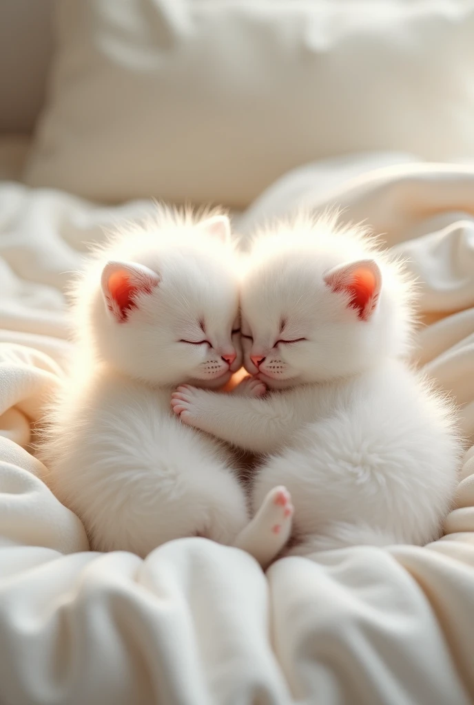 Two cute white kittens hugging with each other on bed