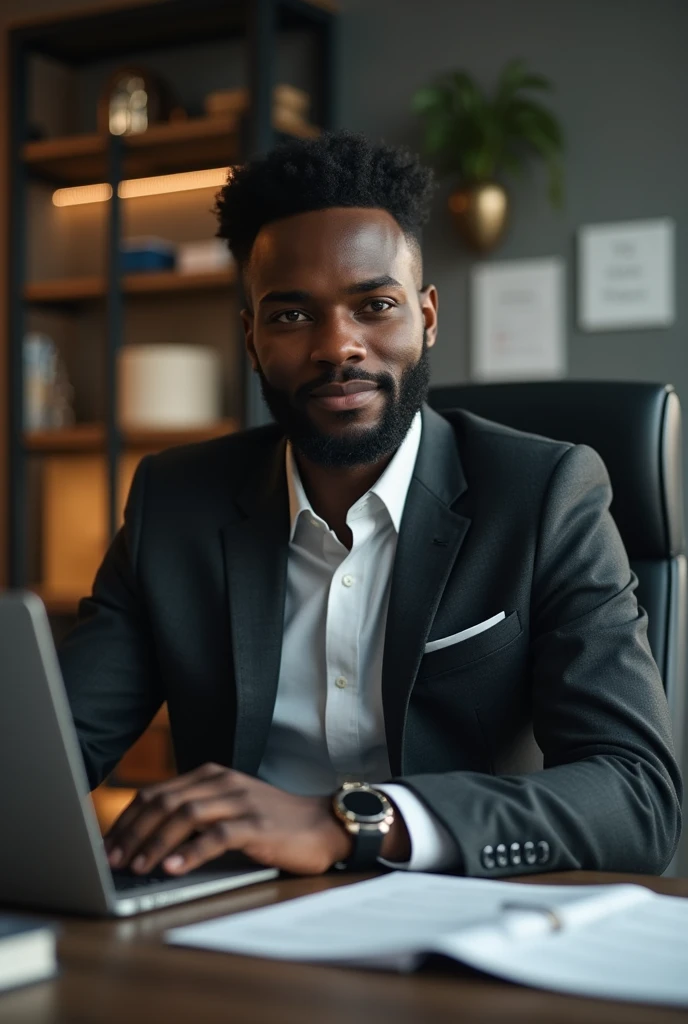 Un jeune homme entrepreneur d'environ 27 ans noir dans son bureau sur une chaise habillé en veste 