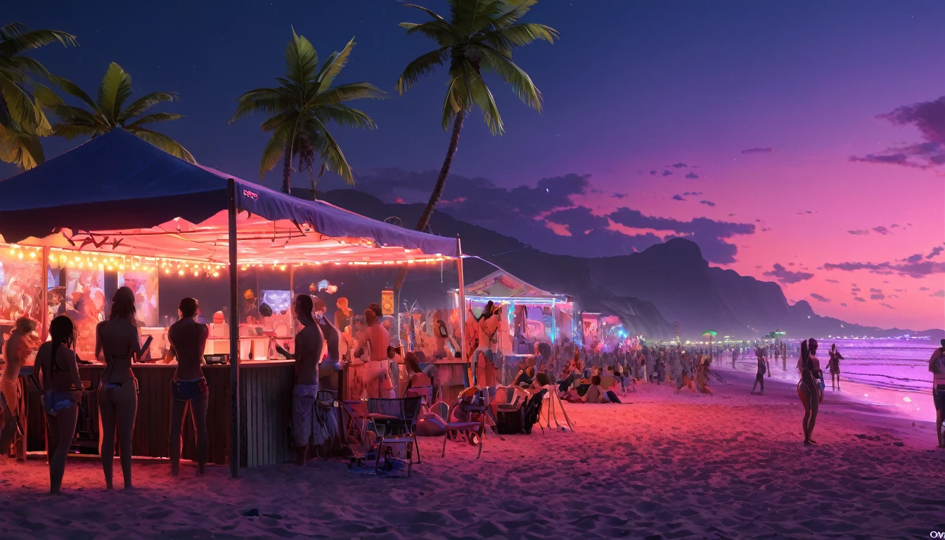 beach, camp, music festival, revel, onlookers, neon lights, landscape, scenery, anime realism, aesthetic, (best quality, masterpiece, Representative work, official art, Professional, 8k, Ultra intricate detailed:1.3)