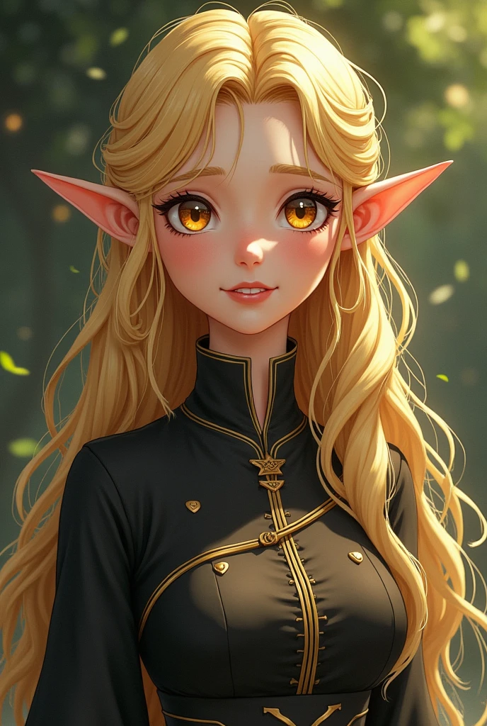 je veux une femme noire elfe , des cheveux blonds et des yeux jaunes détaillés, un corps magnifique avec des vêtements medieval et sur son visage un doux sourire style anime