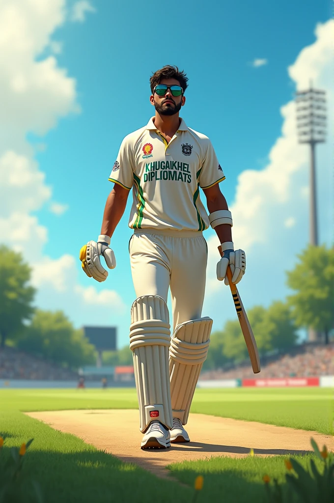 A cricket player walking in the ground, shirt named khugakhel Diplomats 