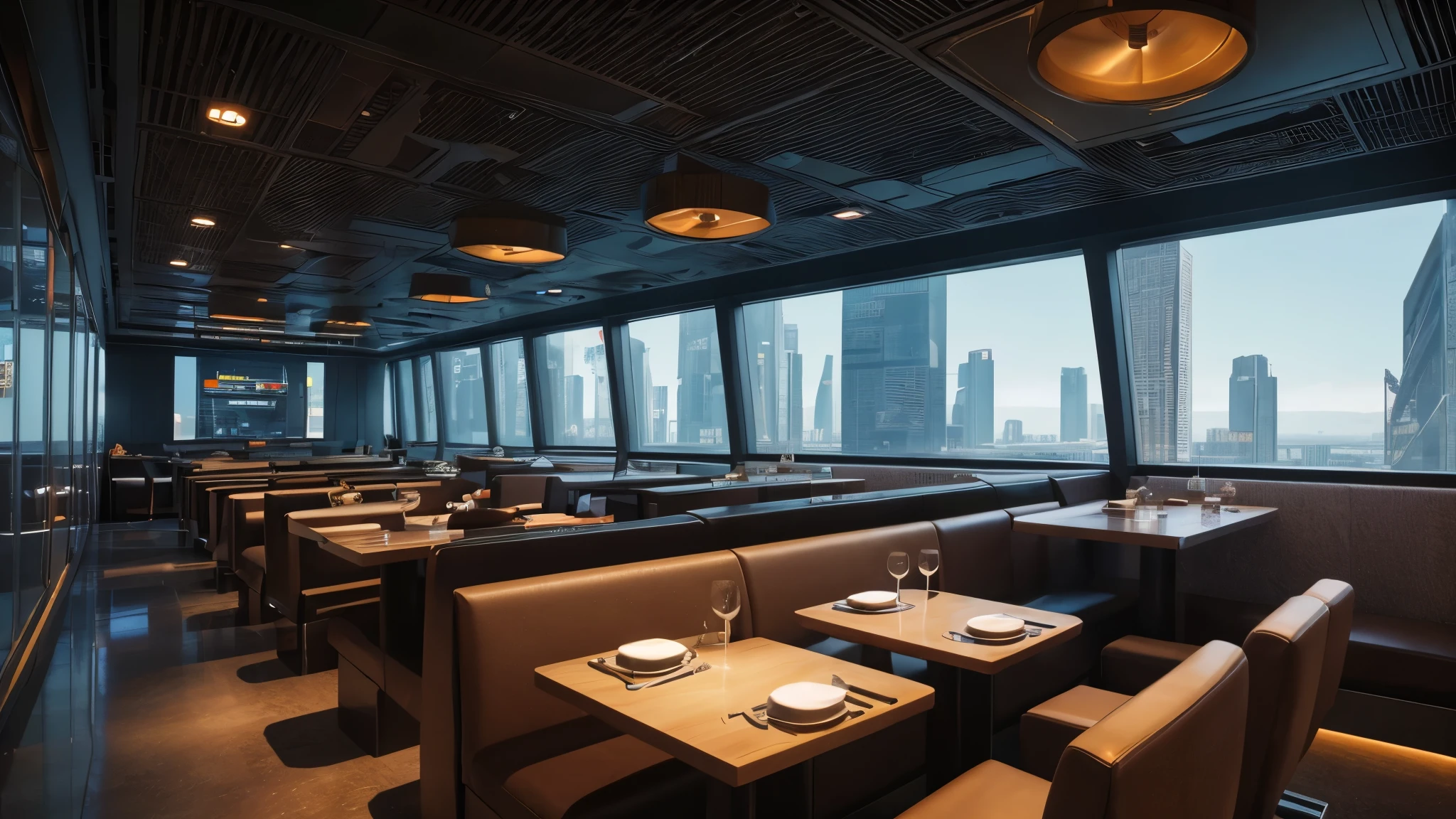 scifi, futuristic restaurant, architectual, space design, cyberpunk, futuristic, hightech, hard-surface design, daylight, much tech, much electronic, very cozy, ambient light, realistic view, wide angle, year 2124