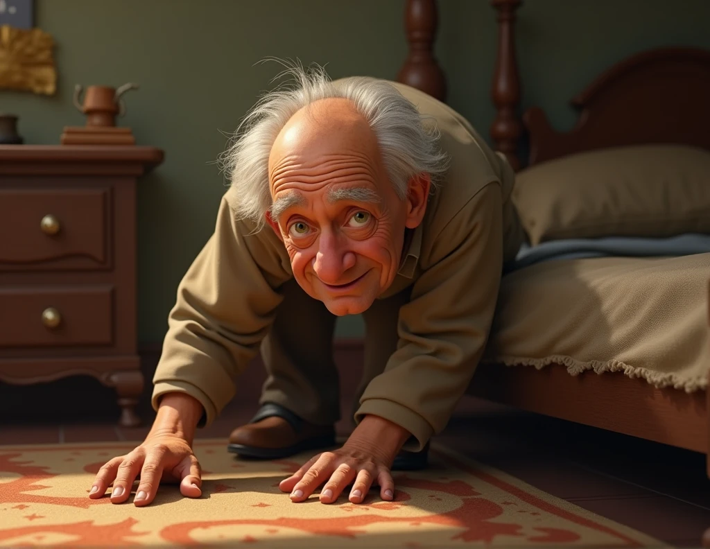 old man crouching at the floor level reaching under the bed to reach for something disney pixar style