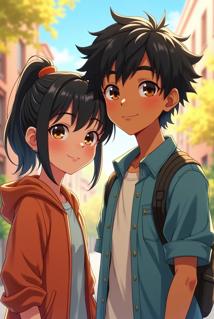 Girl about 13-, black hair with white highlights, Clarita skin, brown eyes and height 1.58 Next to him a dark-skinned boy with slightly light skin, 14-, black hair and not so curly
, brown eyes and height 1.61