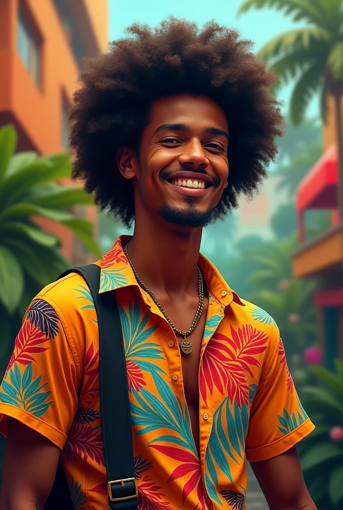 /imagine a thin mexican man, brown skin, afro hair, no mustache no beard, smooth face with tropical shirt, salsa musician