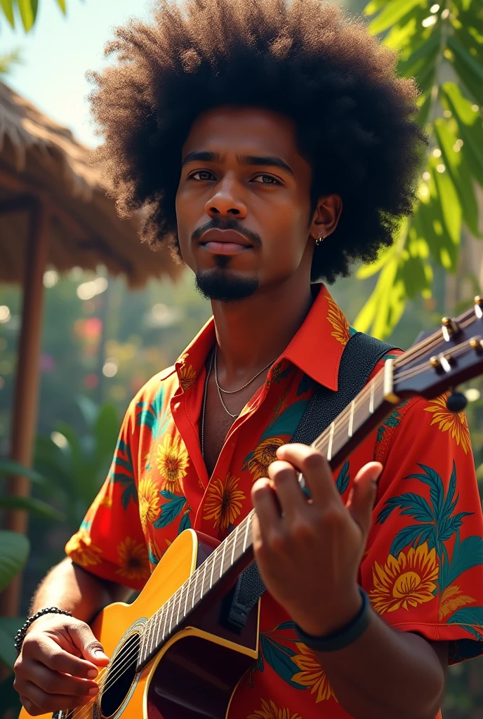 /imagine a thin mexican man, brown skin, afro hair, no mustache no beard, smooth face with tropical shirt, salsa musician
