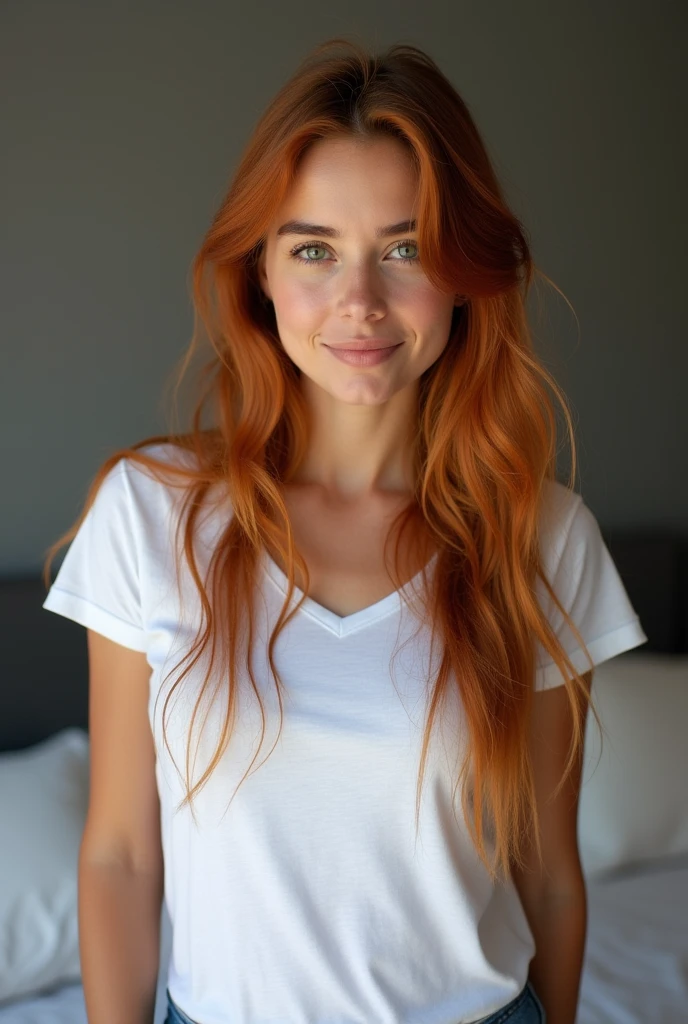 une femme brésilienne de 22 ans, longs cheveux roux, visage rond, yeux clairs, corps parfaitement proportionné, des expressions faciales qui transmettent la convivialité et la confiance, posant pour la photo, porter un t-shirt blanc, dans sa chambre, avec un mur gris en arrière-plan, Photo prise avec l'appareil photo iPhone dans un environnement éclairé naturellement, image haute résolution mais en gardant une touche de réalité sans filtres exagérés. avec la meme pose et dans la meme tenu que la femme sur l'image davant