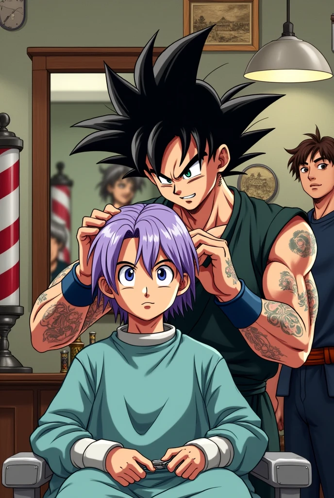 Goku cutting Truns&#39; hair in a classic barbershop with tattoos with a classic drawing for a barbershop painting and Piccolo and the others waiting their turn