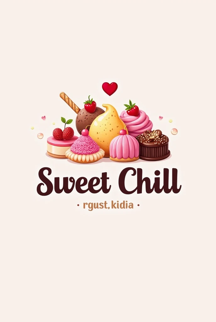 logo of a professional frozen and regular sweets company, that has lots of sweets and the name sweet chill highlighted, not so flashy , but not so simple , that attracts the attention of adults and children better








