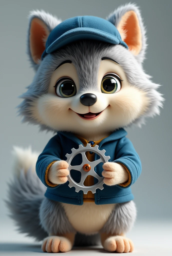 A plush wolf wearing a navy blue shirt, wearing a blue cap, holding a gear in his hands