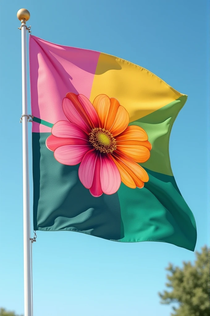 A pink flag, yellow and green with a flower in the center