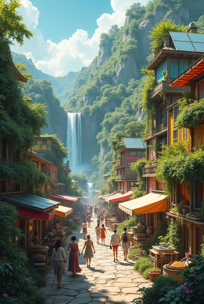 In the heart of a lush, post-apocalyptic landscape, imagine a solarpunk city blooming with vibrant life. Envision a cascading waterfall powering a network of solar panels that adorn the rooftops of colorful, sustainable dwellings. Towering vertical gardens stretch towards the sky, teeming with a variety of plant life and cascades of hanging vines. Imagine a central plaza bustling with people, where street musicians play solar-powered instruments, and market stalls overflow with locally grown organic produce. The village exudes a sense of harmony with nature, combining traditional architectural elements with innovative, eco-friendly technologies. 