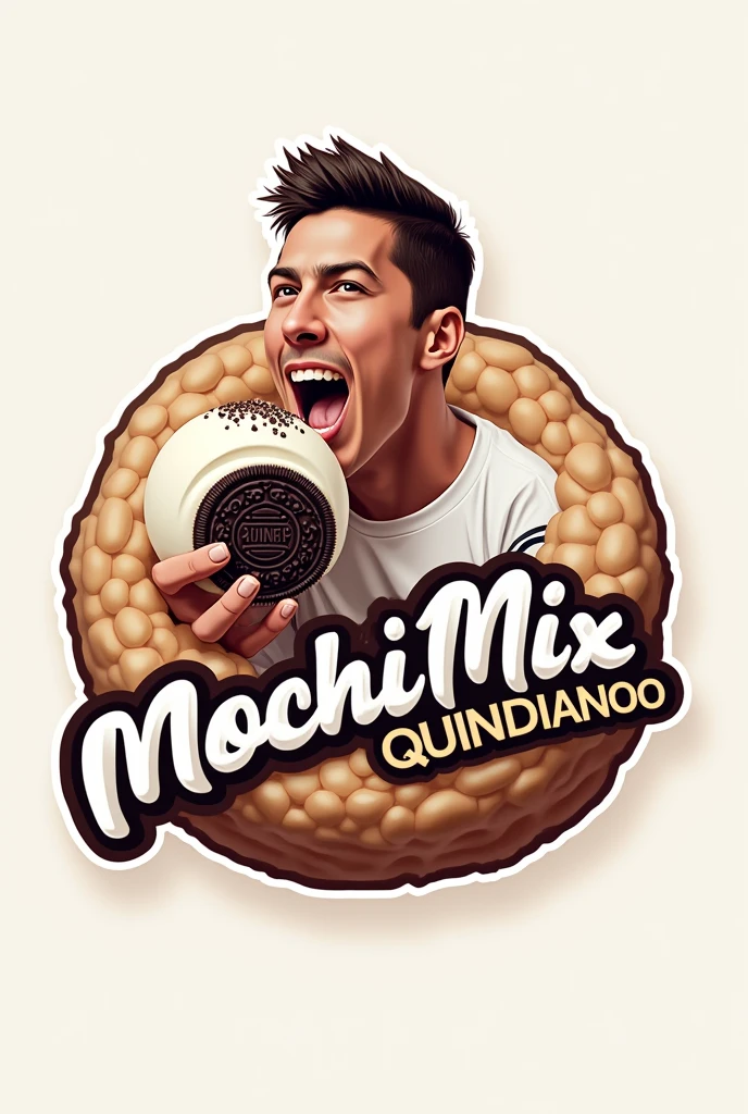 Create a logo with a mochi in the middle and James Rodriguez eating an oreo mochi and a text in the image saying mochi mix quindianos more realistic much more realistic