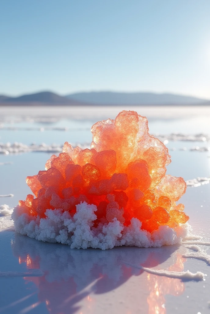 Create an image where the Bromine mineral is located with the Uyuni salt flat in the background, The mineral has to be as realistic as possible 
