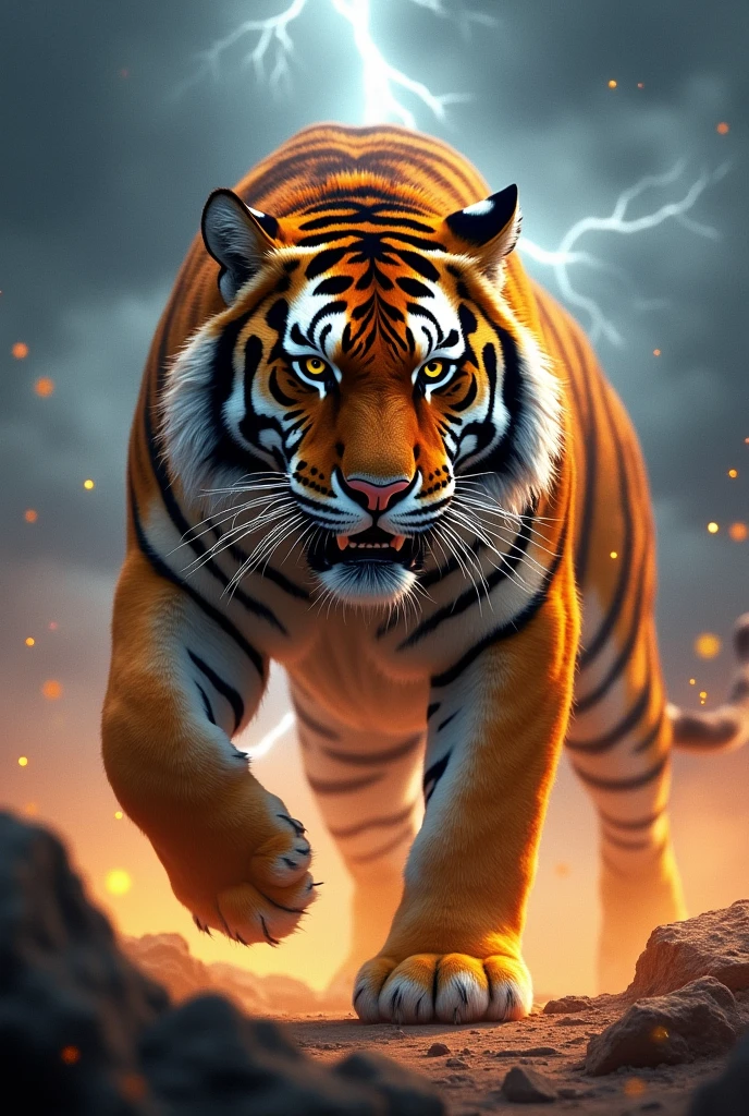 A fierce tiger with lightning bolts behind
