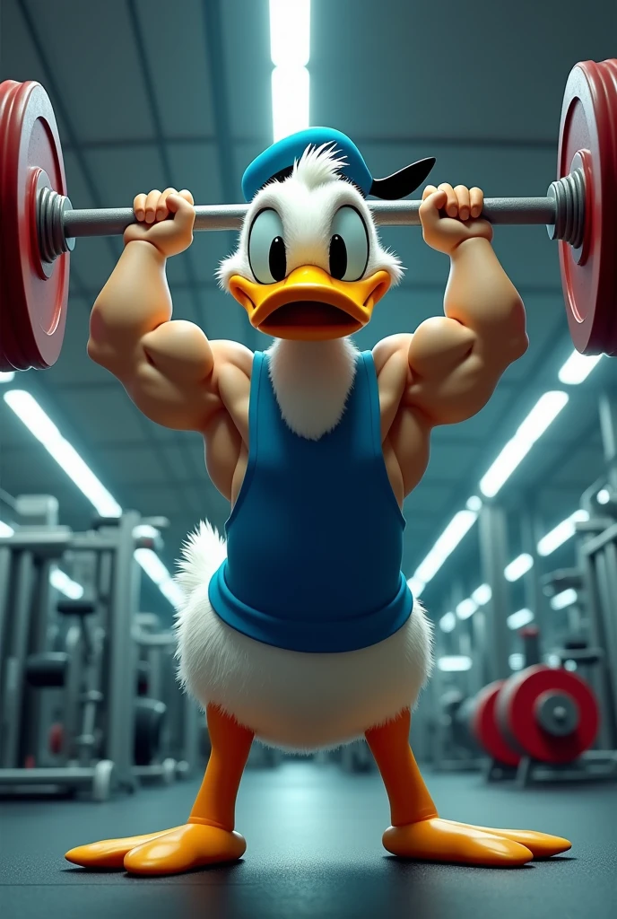 Male Donald Duck, Doing intense exercise in a weightlifting gym

