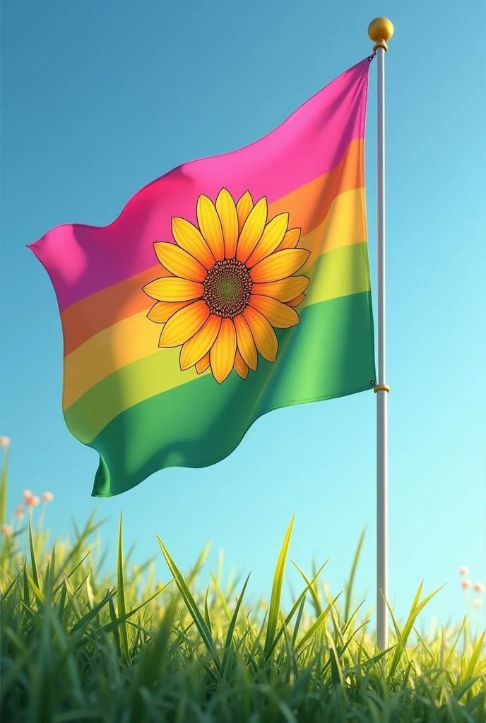 A pink flag, yellow and green with a flower in the center