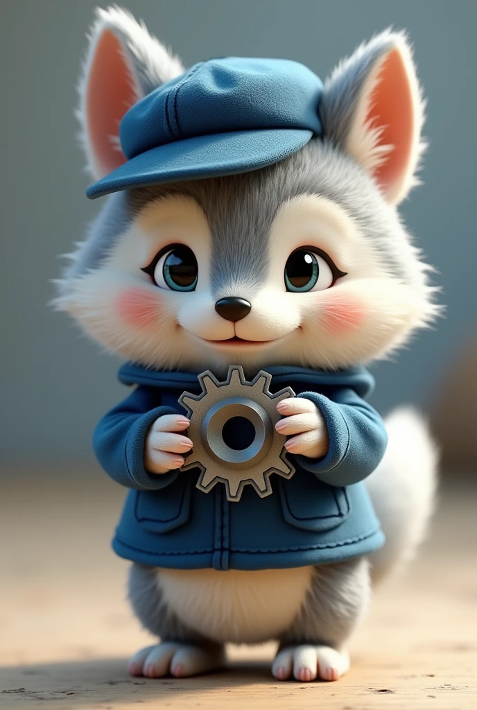 A plush wolf wearing a navy blue shirt, wearing a blue cap, holding a gear in his hands