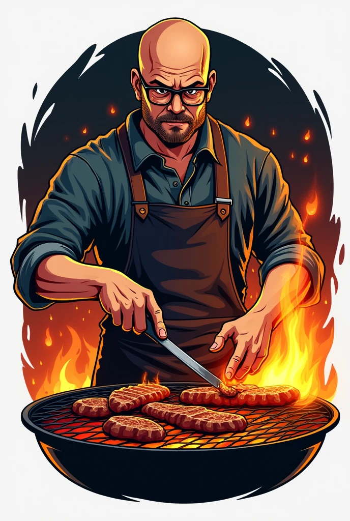 A logo of a bald man with glasses barbecuing on a grill with fire all around