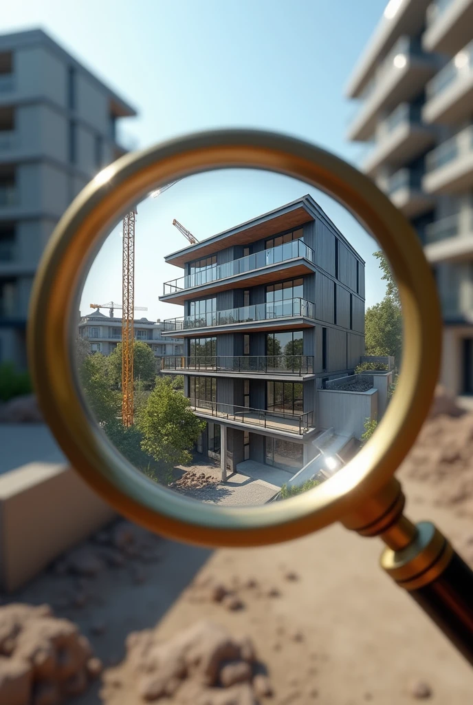 A magnifying glass that highlights an apartment and houses under construction in the blurred background, realistic image