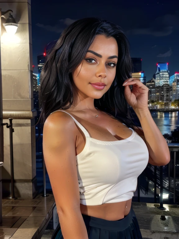 (RAW photos, best quality), (realistic, photorealistic: 1.2), (round face: 1), 1 girl, selfie outdoor, (high detail skin: 1.2), (puffy eyes), (lying silkworm), smile, collarbone, air bang, straight brown black hair, pure black pleated skirt, soft lighting, high quality, cityscape, skyline, night, rain, wet, professional lighting, Photon mapping, radiosity, physically based rendering,