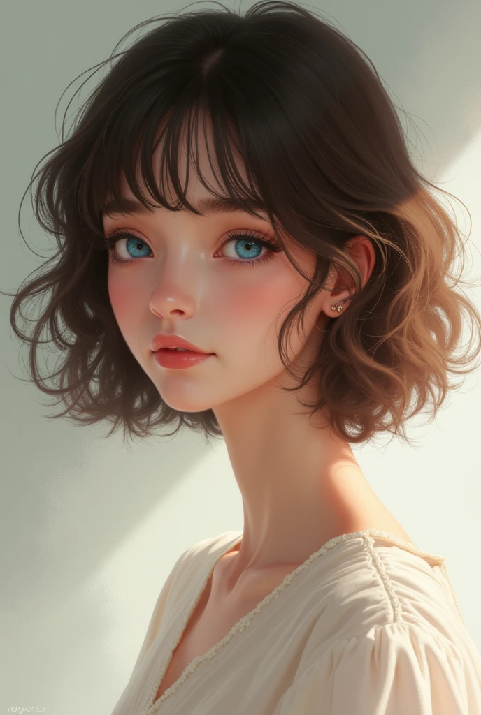 realistic image of girl with brown hair , short and with bangs. light blue eyes. Tall and slender