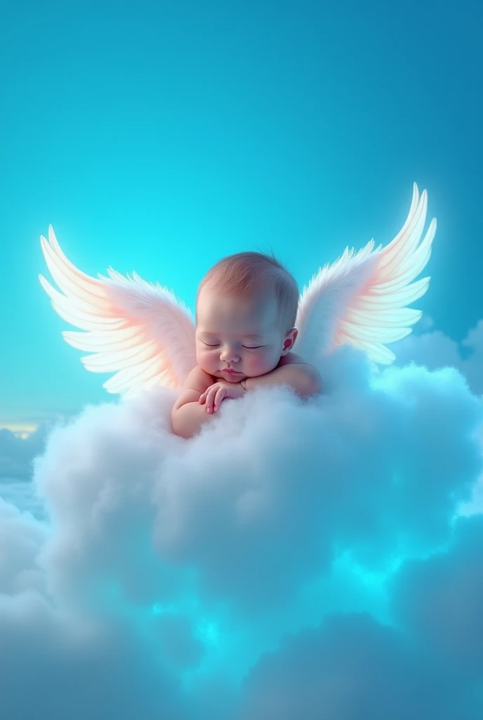 A baby with wings on his back sleeping in a neon blue cloud in a blue sky