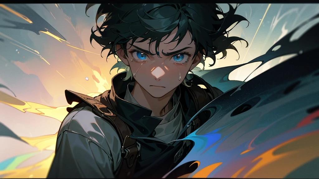 Close-up of a 16-year-old boy’s face, with his eyes closed and tears streaming down. His expression shows confusion and frustration. He’s in his dark, moody bedroom, which blends into a fantastical stormy fantasy world with swirling colors and lightning. The contrast between the real and the fantasy elements enhances his emotional turmoil.