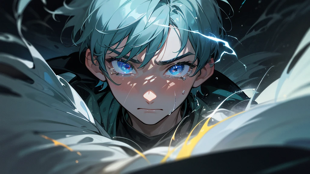 Close-up of a 16-year-old boy’s face, with his eyes closed and tears streaming down. His expression shows confusion and frustration. He’s in his dark, moody bedroom, which blends into a fantastical stormy fantasy world with swirling colors and lightning. The contrast between the real and the fantasy elements enhances his emotional turmoil.