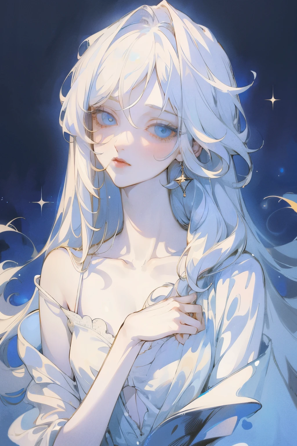 woman, detailed eyes, detailed hands, Best quality, masterpiece, in a white nightgown, long white hair, bright blue eyes, sparkling eyes, very thin, Small bust, prominent collarbones, Dreamy atmosphere