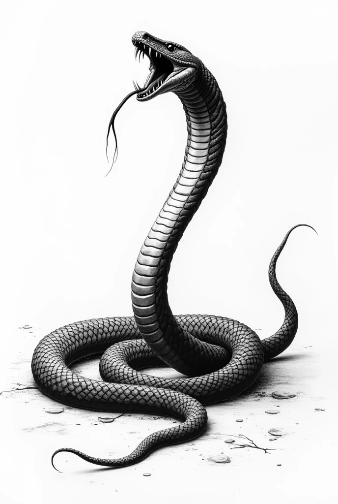 Black and white drawing of a long viper crawling on the floor and rising