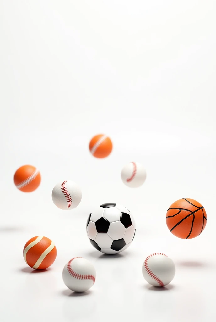 White background and scattered on it many balls of different sports that highlight baseball, soccer and basketball