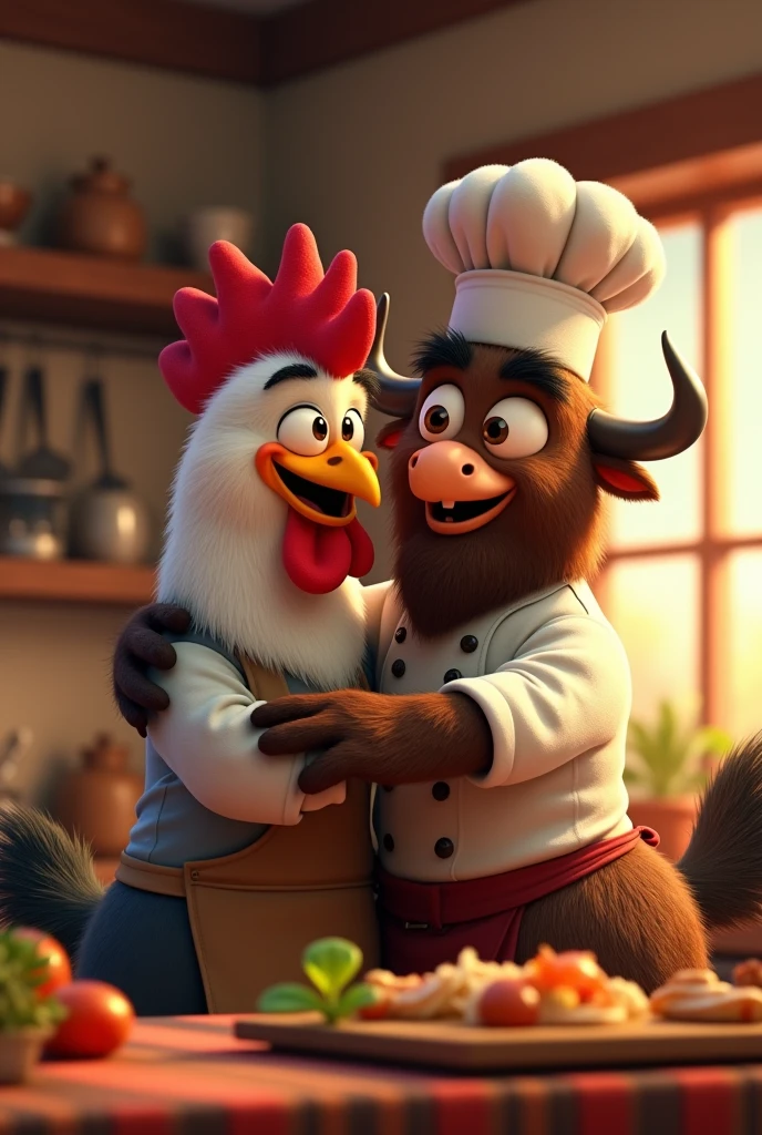 generate an animated image of a rooster chef hugging a chef American buffalo in a friendly manner