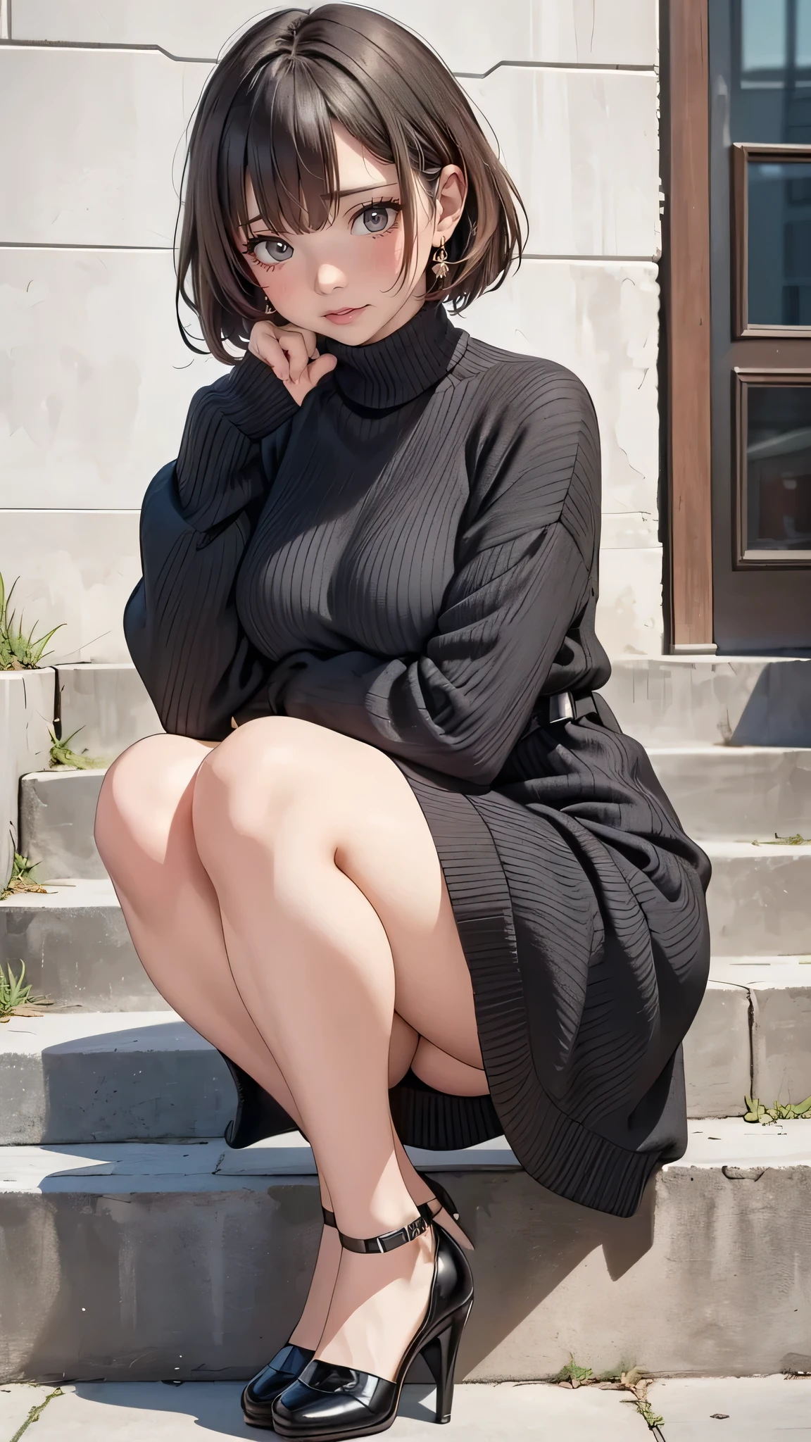 An arafi woman wearing a black dress and black high heels is sitting on the steps, attractive pose, (wearing brown tights), wearing a black sweater, casual pose, wearing a dark sweater, black sweater, wearing tight black clothes, Photographed with Canon EOS 5D mark iv, thoughtful pose, Photographed with Canon EOS 5D, woman posing, with short hair, black clothes, cute young woman, brown short hair