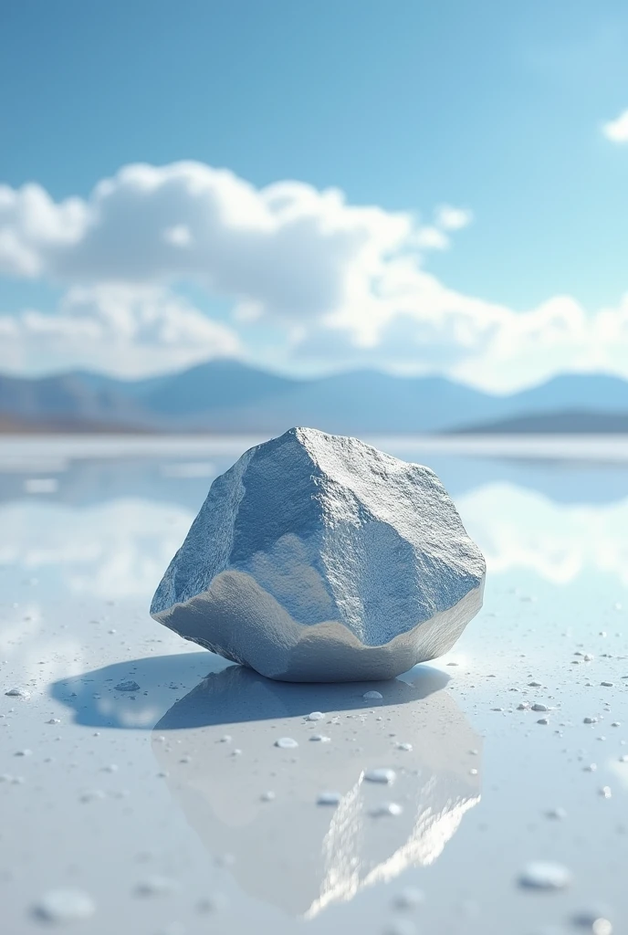 Create an image where the mineral Magnesium is with the background of the Uyuni salt flat, The mineral has to be as realistic as possible 
