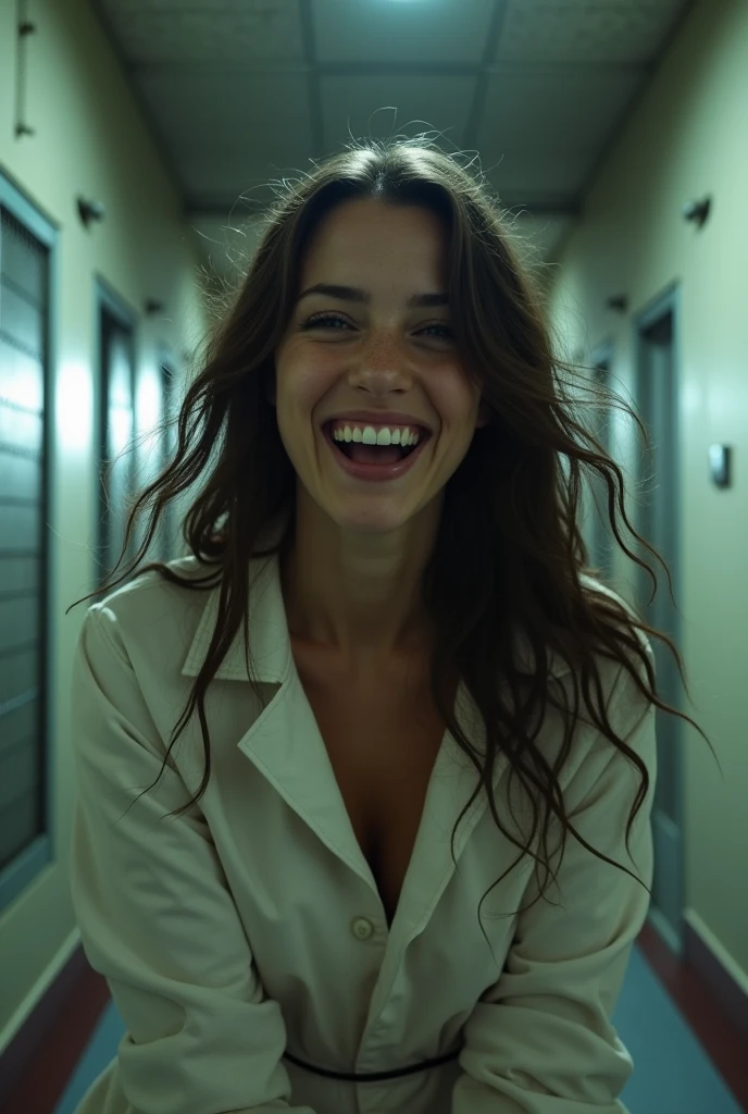 pretty and sexy laughing in a mental asylum with a long white straitjacket