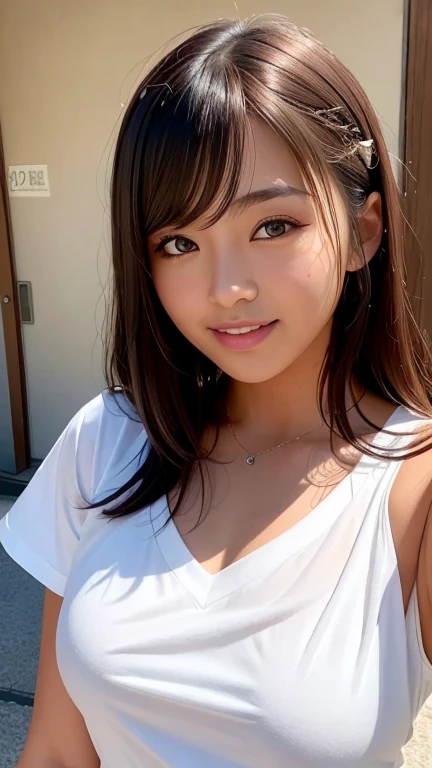 (Skin blemishes:1.2), (Skin Dentition), black eye, 1woman, 18-year-old(((woman))), solo, Realistic, Best image quality, Photorealistic, masterpiece, 8k, High resolution, solo, Highly detailed face, (Professional Lighting、Bokeh Depth of Field), (Particles of light、Lens flare、Luminous Particles:0.6), (Dynamic Pose:1.2), Soft lighting, View from above, Fashionable and trendy atmosphere, Japanese, Street, Tokyo, port, Sky tree ((Daytime)), null, ((Look at the viewers:1)), (looking at the camera)、(Portrait:0.6)、Cowboy Shot、Gorgeous、standing、Maintain the original face proportions、Broad shoulders、(((Small breasts)))、Whole Body Ezbian、(Medium chest)、(Medium Hair)、Brown haired、Floating Hair、Lips、mouth紅、A seductive smile、Floating Hair、Laughter、Open_mouth、teeth、(White camisole)、eyelash、Mole、(Mole under the eyes:1)、Selfie