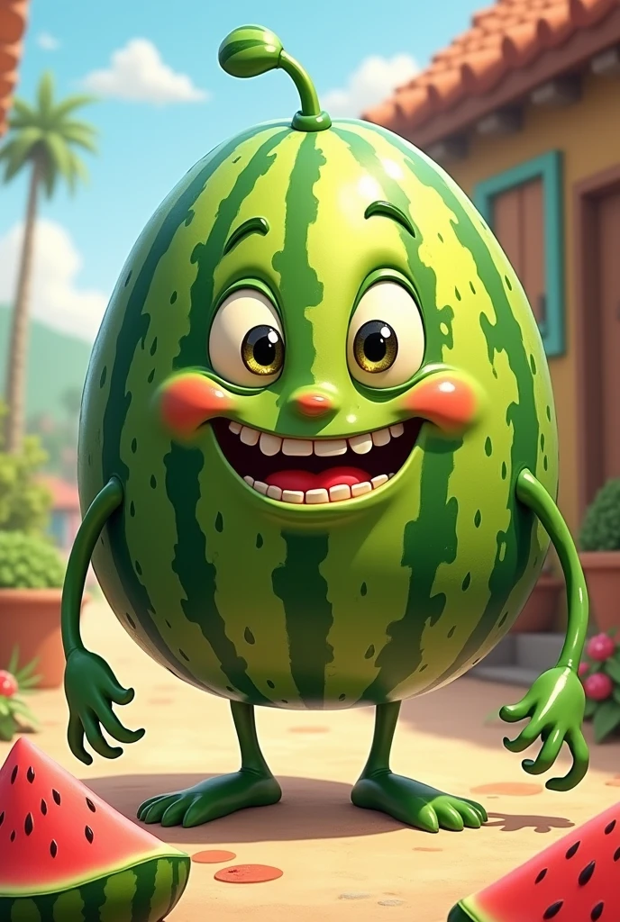 Watermelon ass a person with arms and legs and arms with and cartoony teeth 